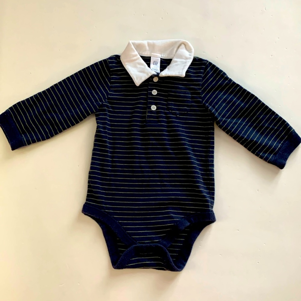 Baby Gap Dark Blue Bodysuit w/ Gold Thin Strips & White Collared shirt Boy 6-12m
